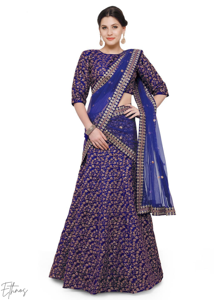 Electric Blue Intricate Brocade Raw Silk Lehenga Choli