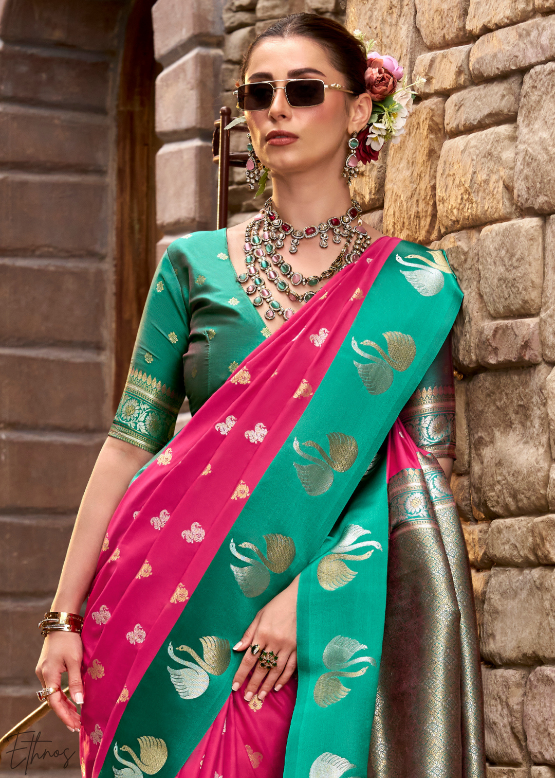 Electric Orchid Ethereal Swan Satin Silk Saree