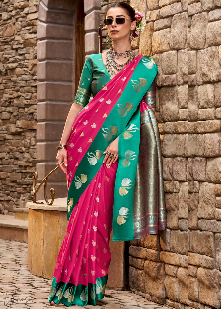 Electric Orchid Ethereal Swan Satin Silk Saree