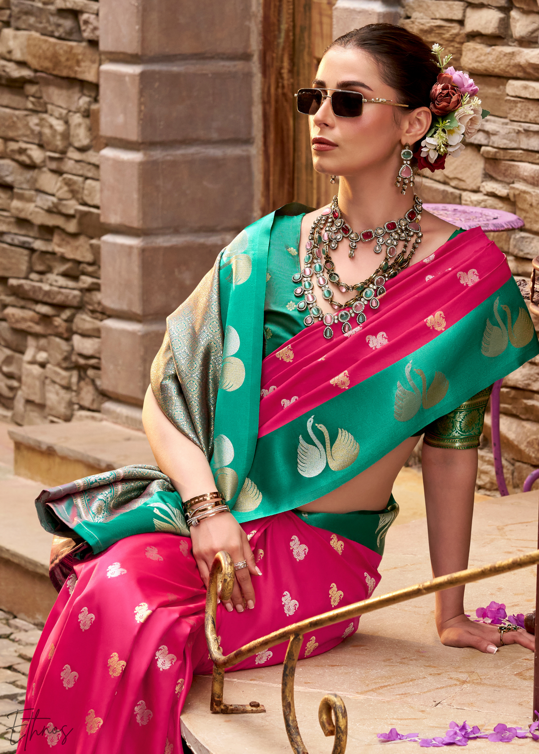 Electric Orchid Ethereal Swan Satin Silk Saree
