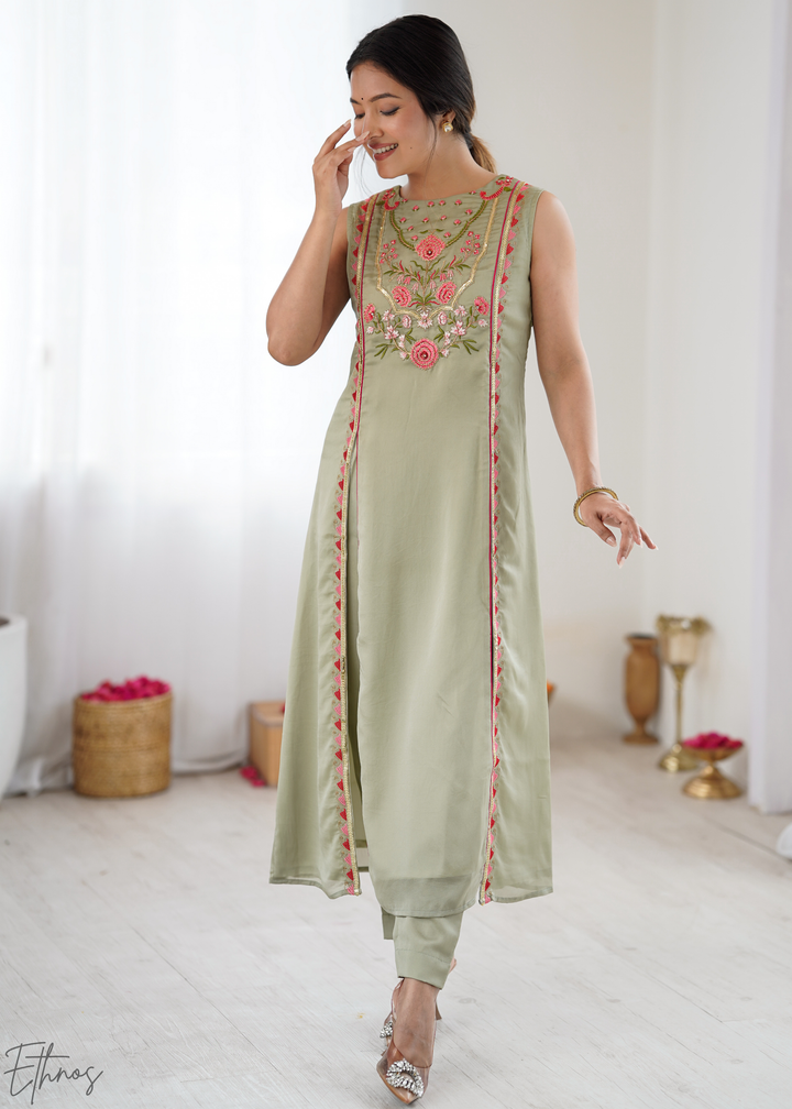 Elegant Sage Green Floral Embroidered Straight Kurta Set
