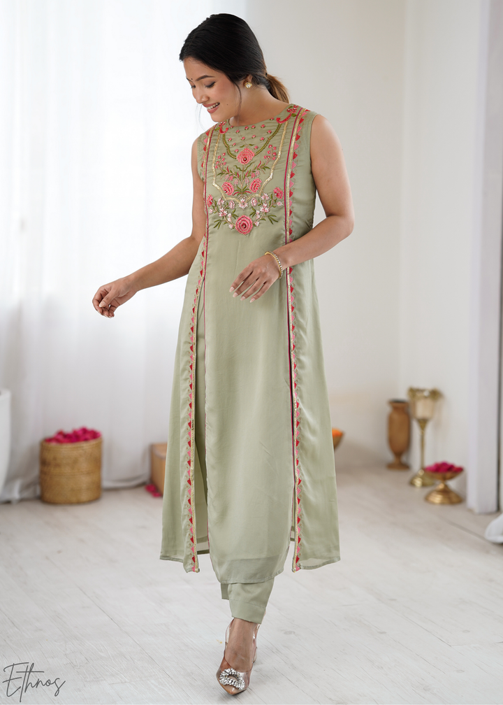 Elegant Sage Green Floral Embroidered Straight Kurta Set