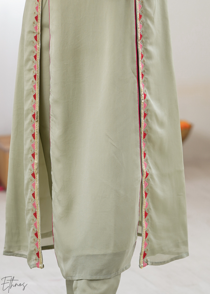 Elegant Sage Green Floral Embroidered Straight Kurta Set