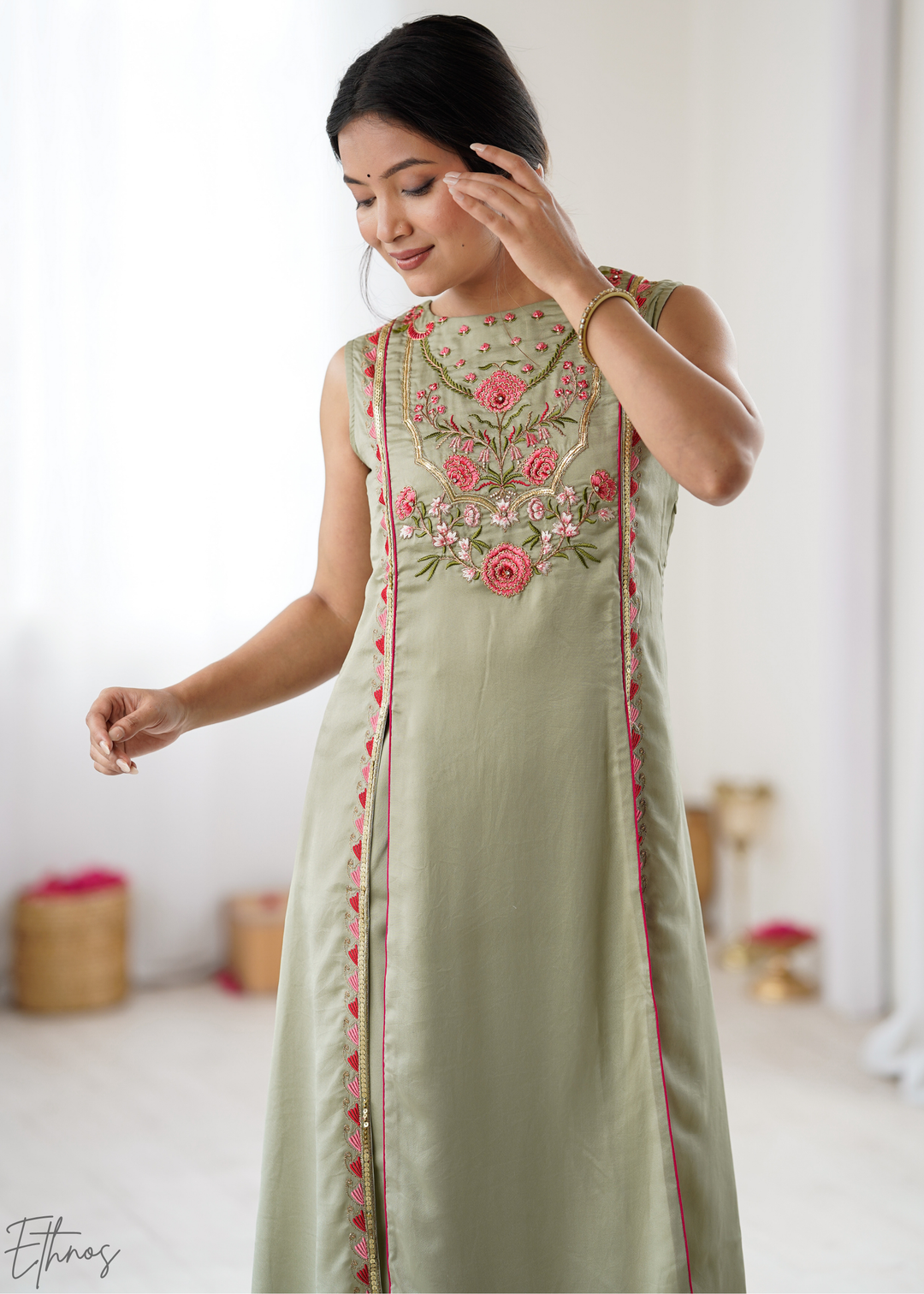 Elegant Sage Green Floral Embroidered Straight Kurta Set