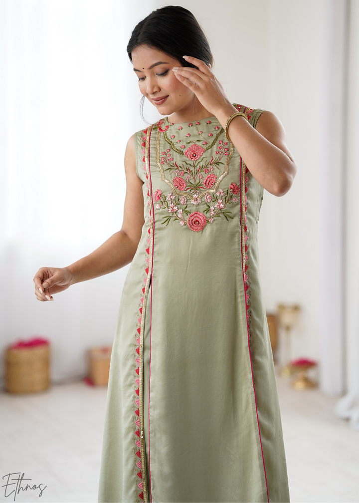 Elegant Sage Green Floral Embroidered Straight Kurta Set