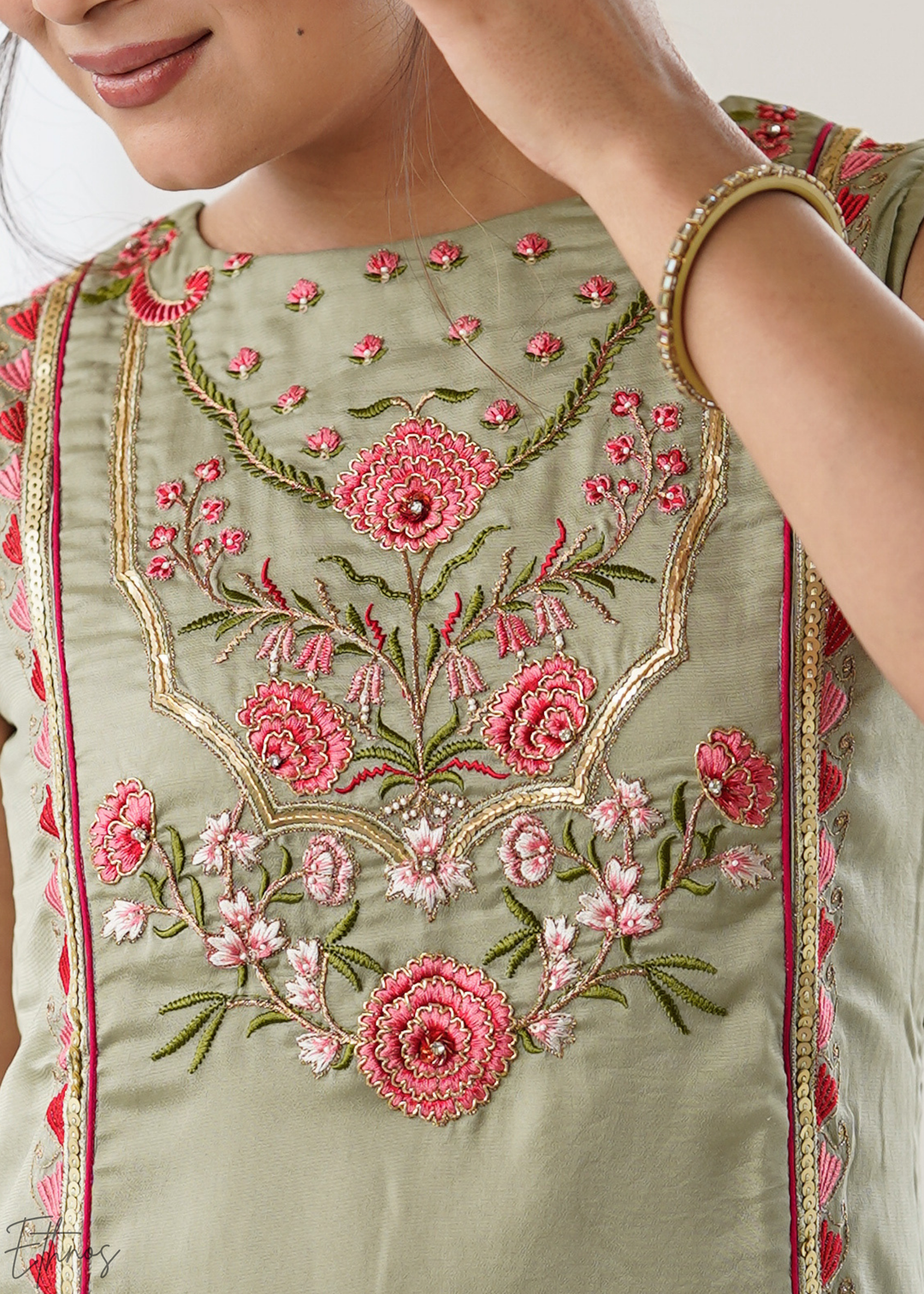 Elegant Sage Green Floral Embroidered Straight Kurta Set