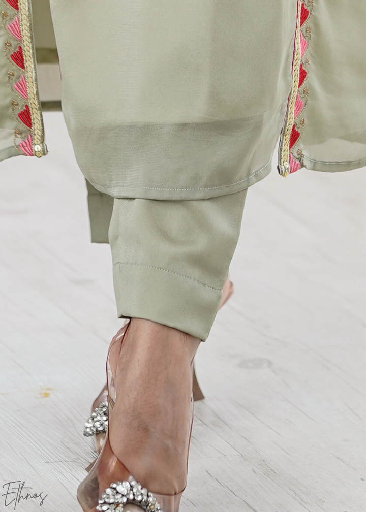 Elegant Sage Green Floral Embroidered Straight Kurta Set