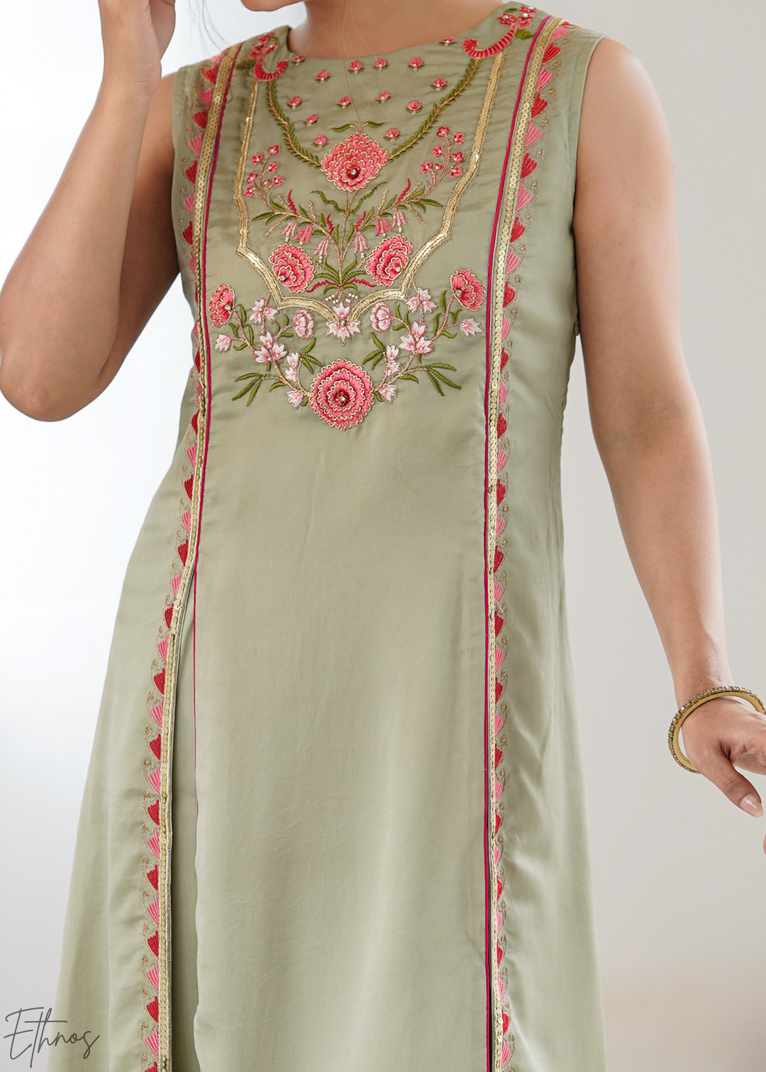 Elegant Sage Green Floral Embroidered Straight Kurta Set