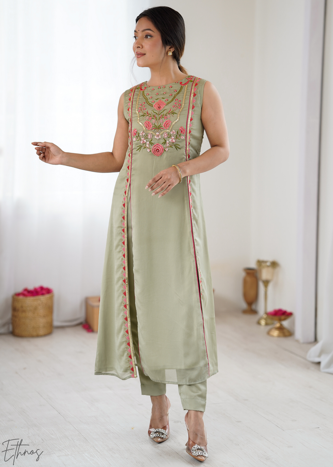 Elegant Sage Green Floral Embroidered Straight Kurta Set