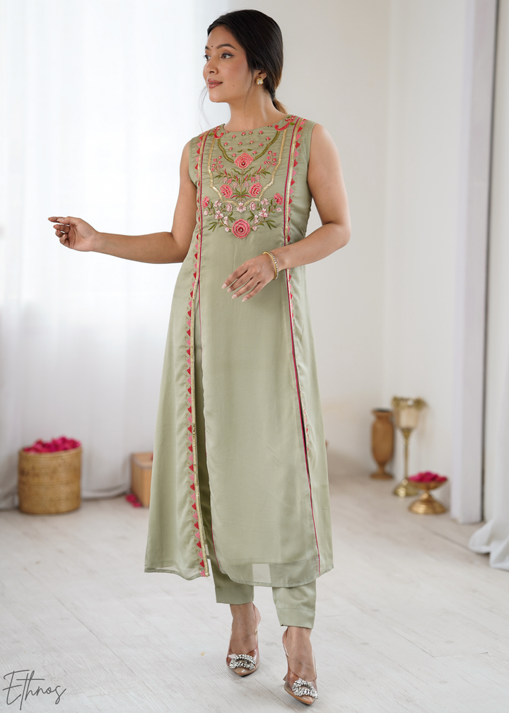 Elegant Sage Green Floral Embroidered Straight Kurta Set