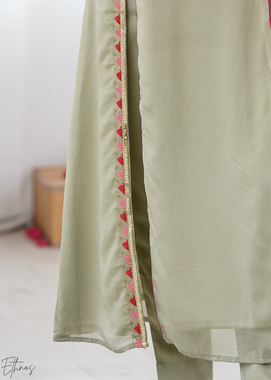 Elegant Sage Green Floral Embroidered Straight Kurta Set