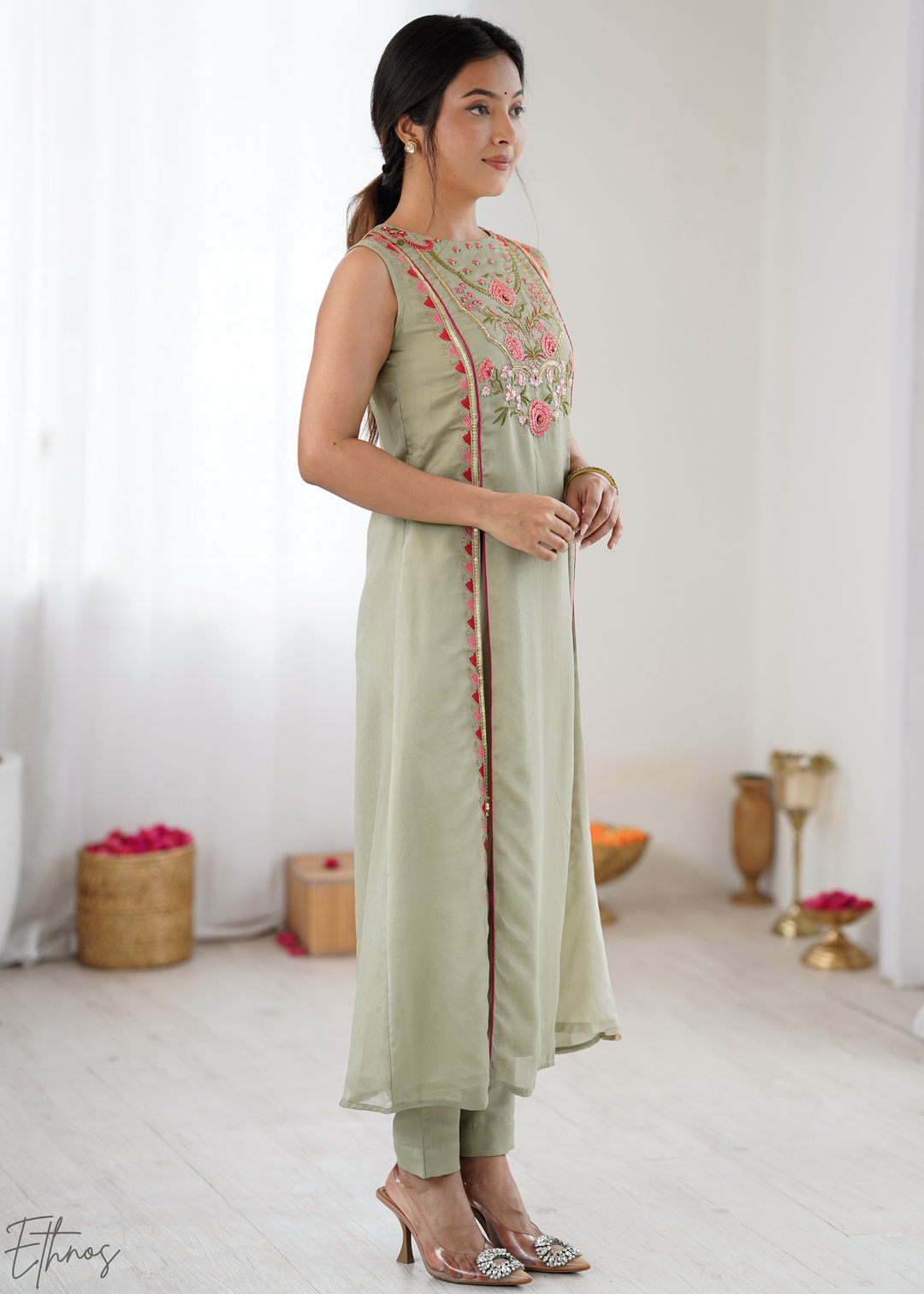 Elegant Sage Green Floral Embroidered Straight Kurta Set
