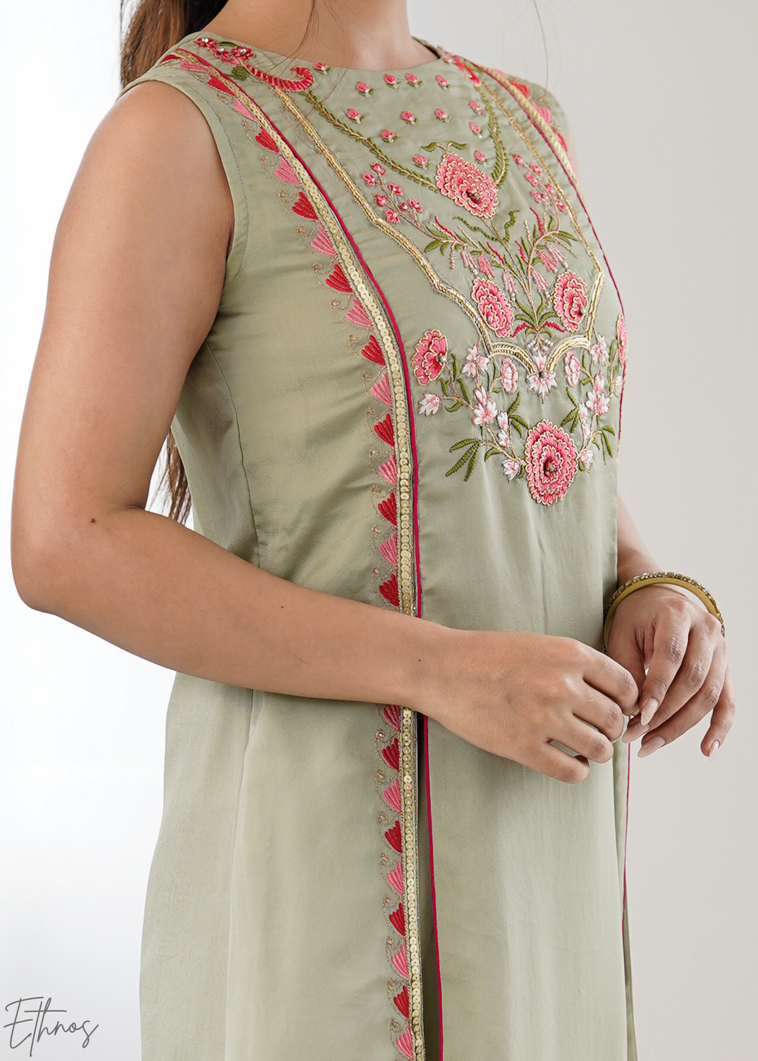 Elegant Sage Green Floral Embroidered Straight Kurta Set