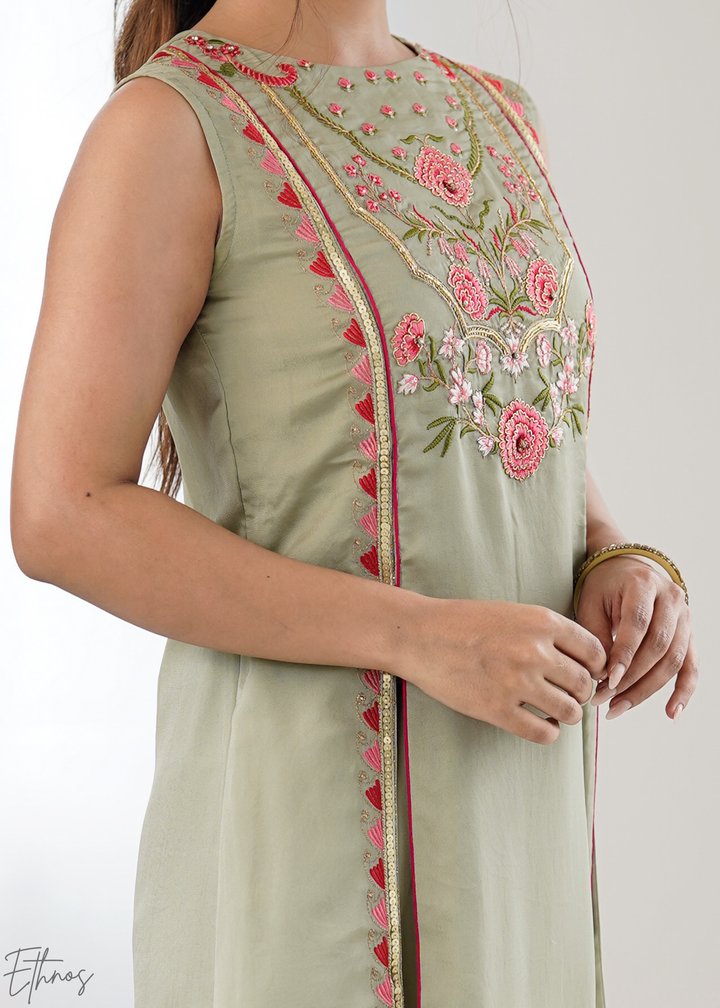 Elegant Sage Green Floral Embroidered Straight Kurta Set