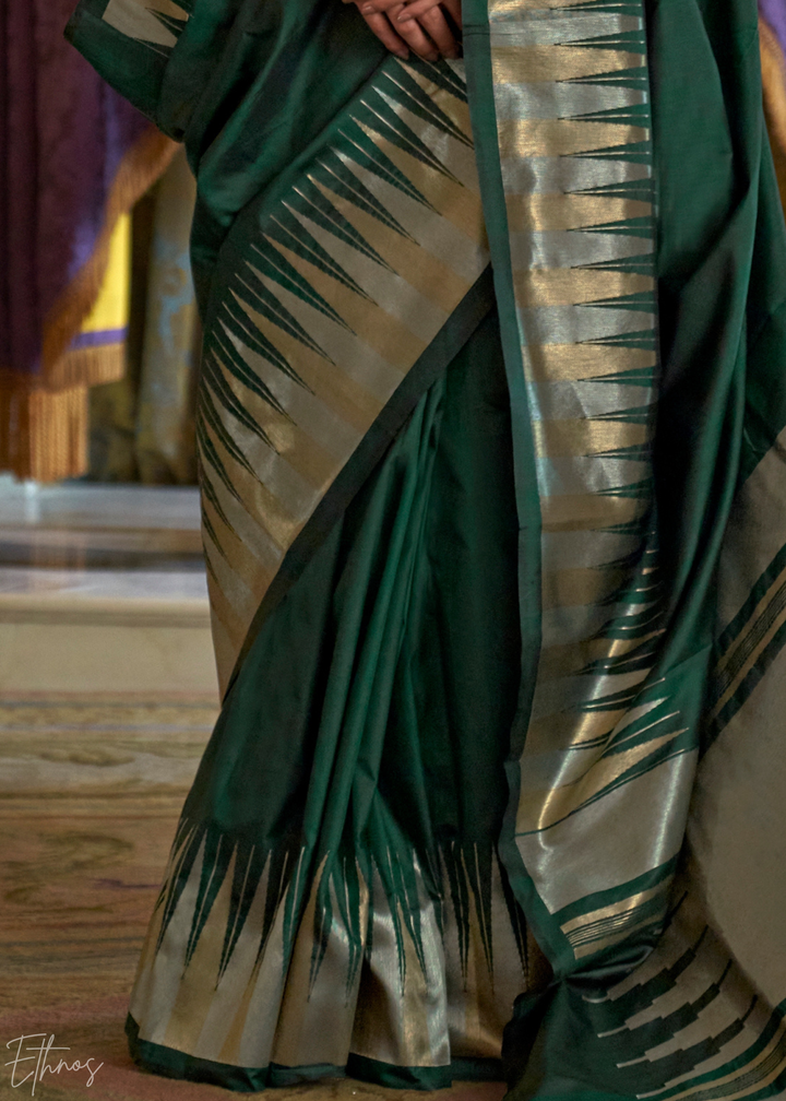 Emerald Forest Metallic Temple Wave Silk Saree