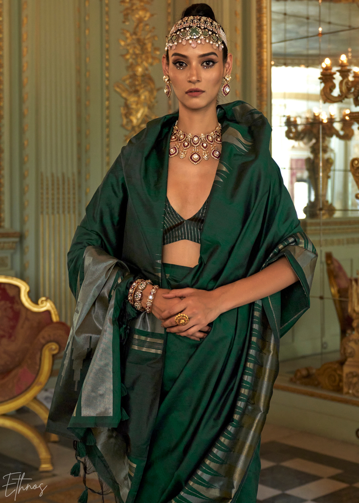 Emerald Forest Metallic Temple Wave Silk Saree