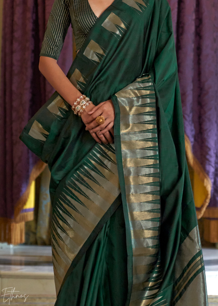 Emerald Forest Metallic Temple Wave Silk Saree
