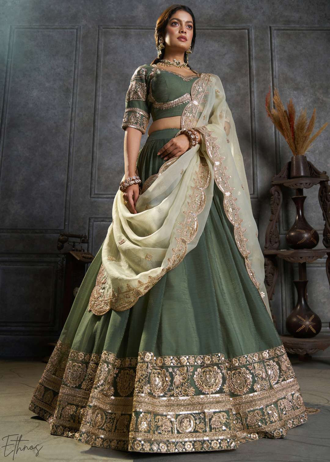 Emerald Gilded Medallion Organza Lehenga Choli