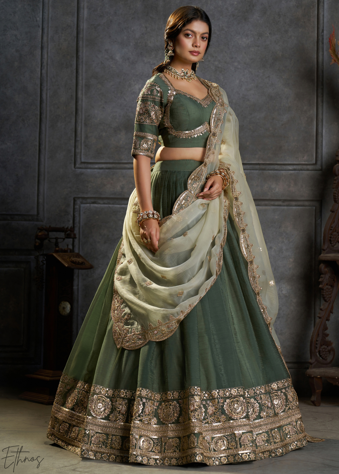 Emerald Gilded Medallion Organza Lehenga Choli