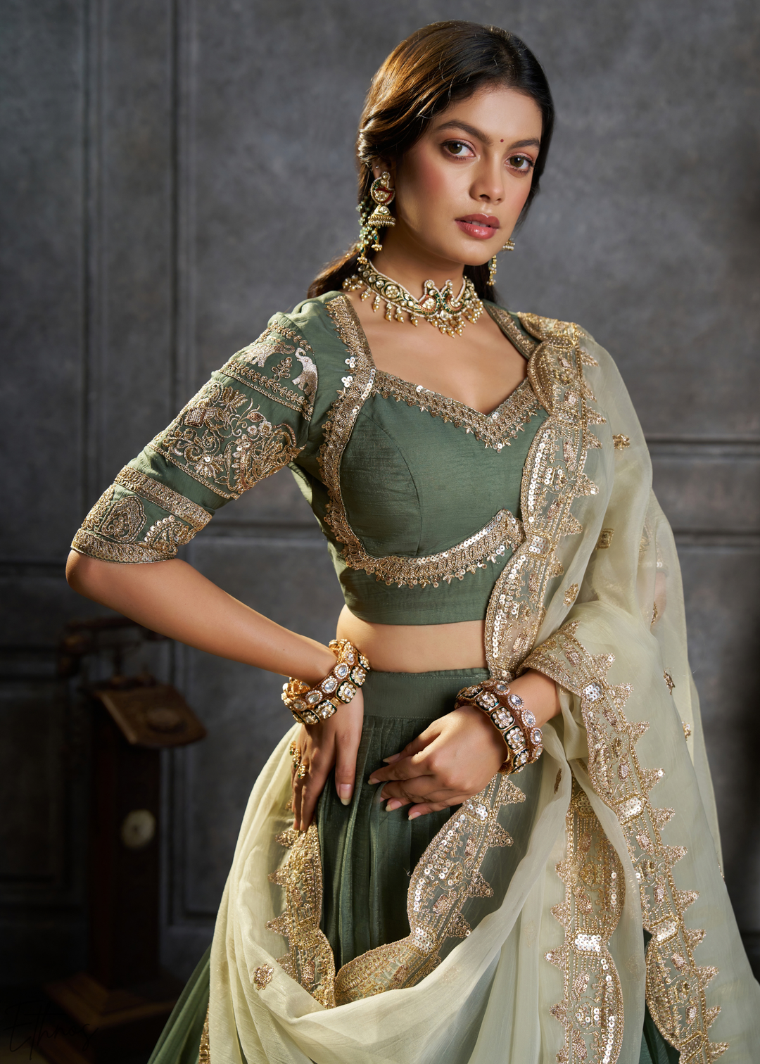 Emerald Gilded Medallion Organza Lehenga Choli