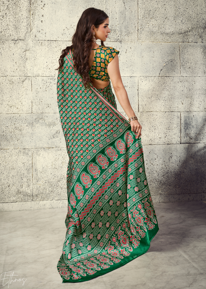 Emerald Green Ajrakh Printed Modal Satin Saree