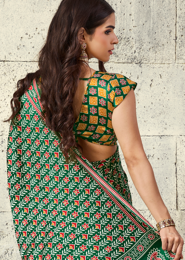 Emerald Green Ajrakh Printed Modal Satin Saree