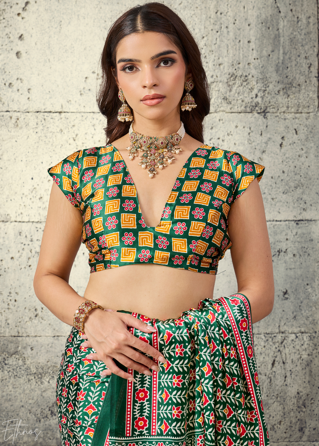 Emerald Green Ajrakh Printed Modal Satin Saree