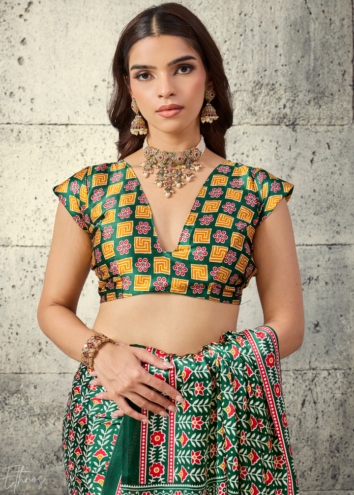 Emerald Green Ajrakh Printed Modal Satin Saree