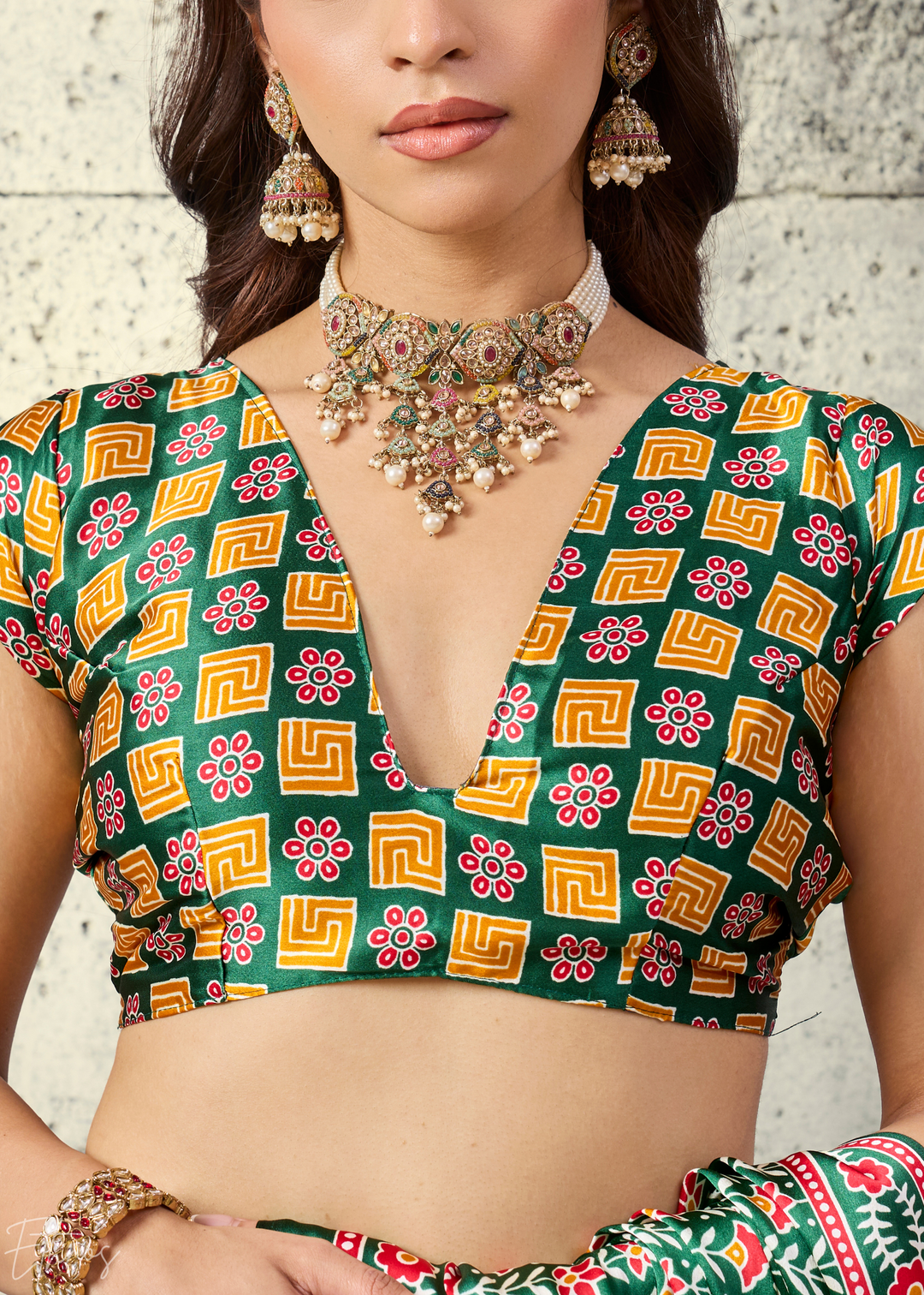 Emerald Green Ajrakh Printed Modal Satin Saree