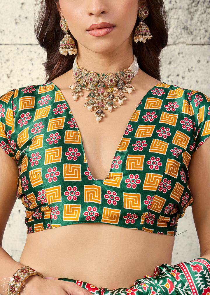 Emerald Green Ajrakh Printed Modal Satin Saree