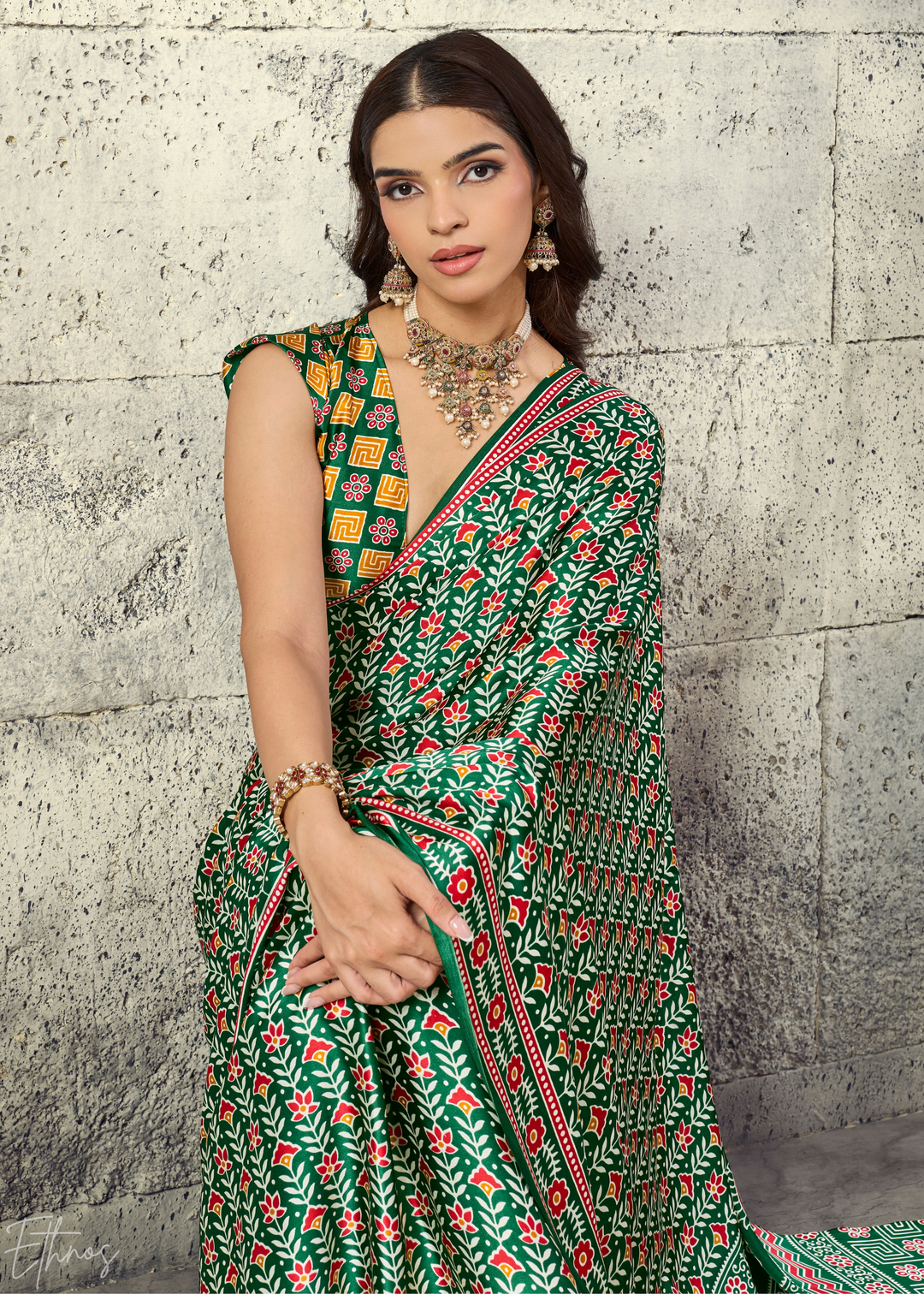 Emerald Green Ajrakh Printed Modal Satin Saree