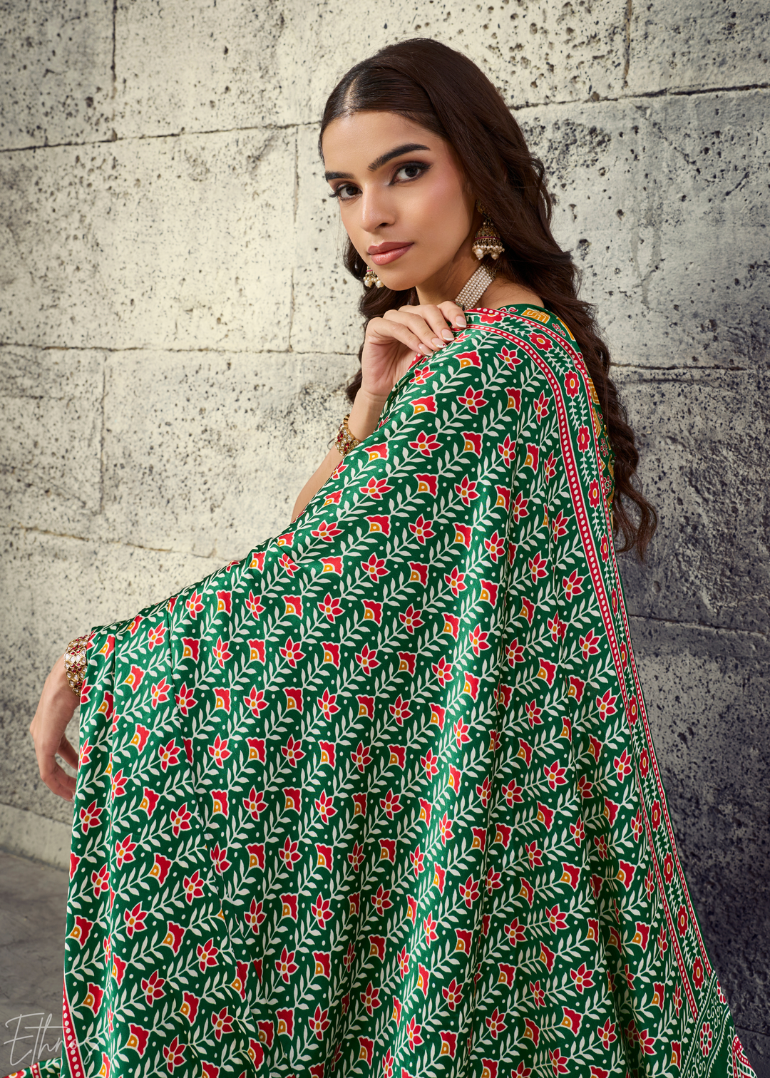 Emerald Green Ajrakh Printed Modal Satin Saree