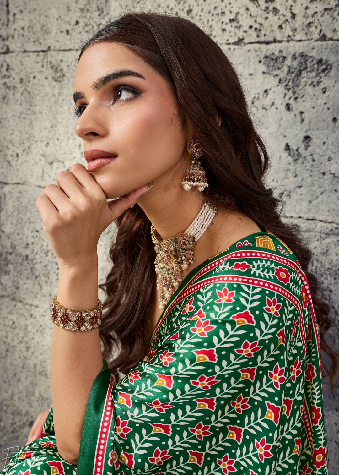 Emerald Green Ajrakh Printed Modal Satin Saree