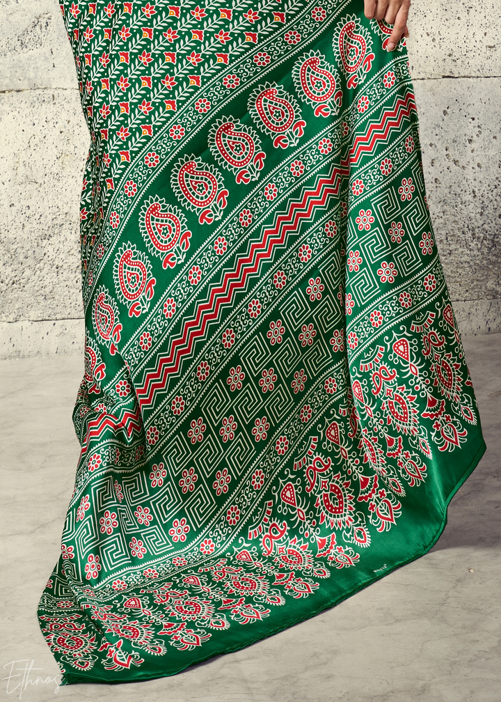 Emerald Green Ajrakh Printed Modal Satin Saree