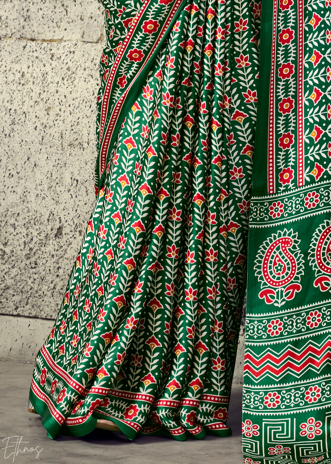 Emerald Green Ajrakh Printed Modal Satin Saree