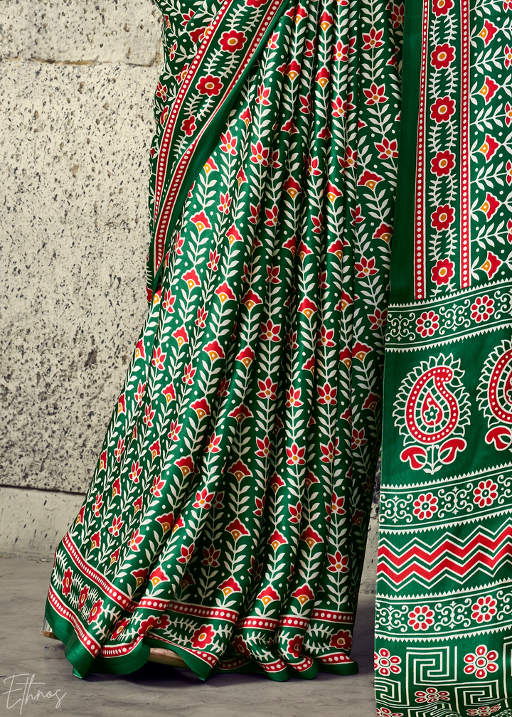 Emerald Green Ajrakh Printed Modal Satin Saree