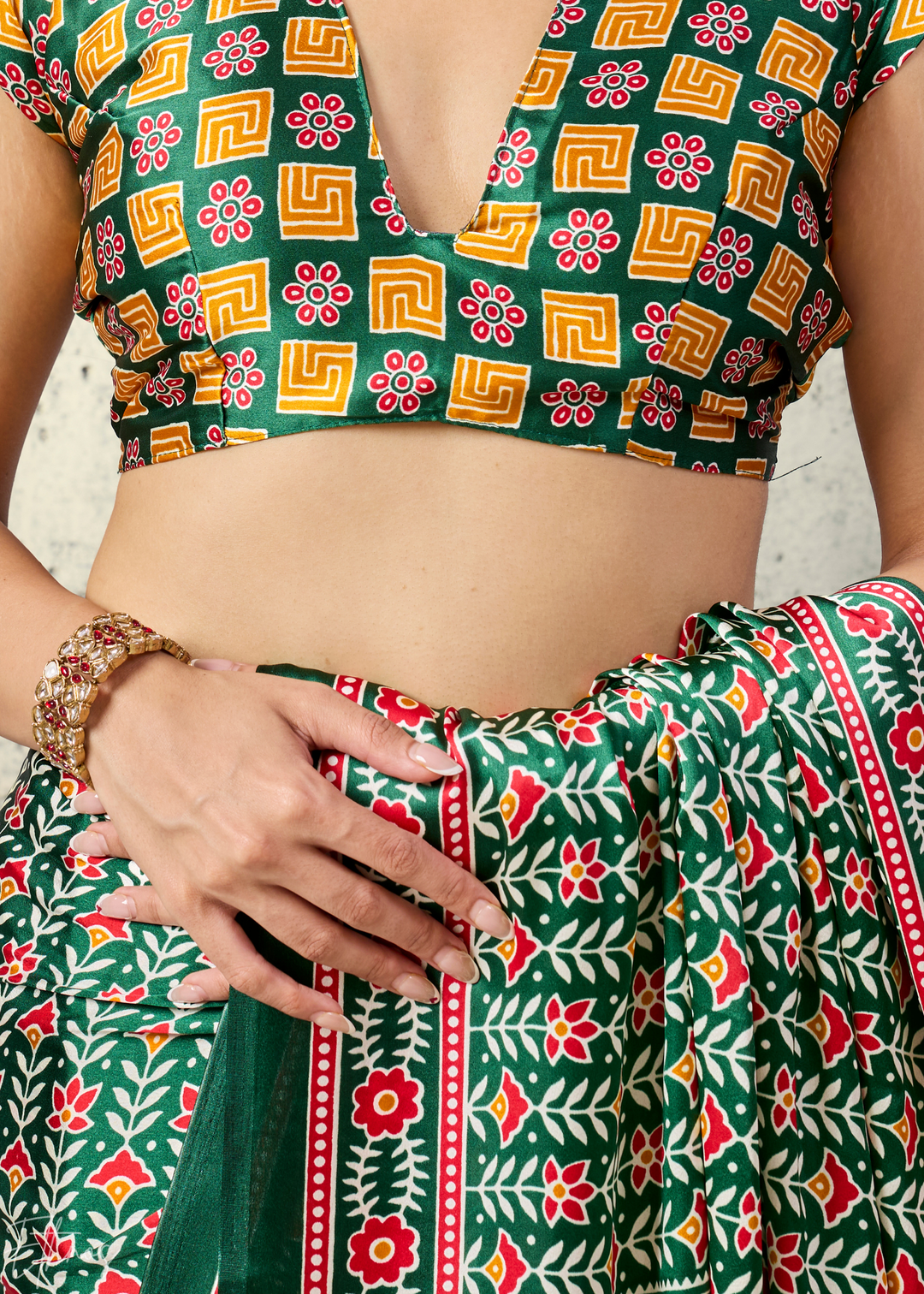 Emerald Green Ajrakh Printed Modal Satin Saree