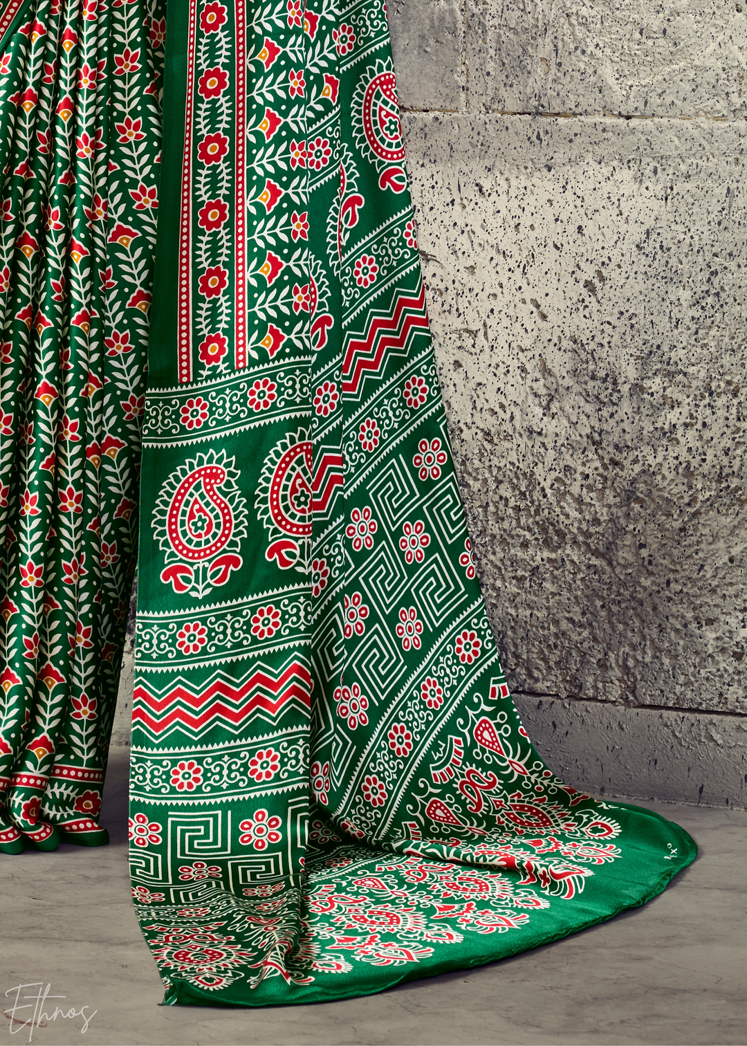 Emerald Green Ajrakh Printed Modal Satin Saree