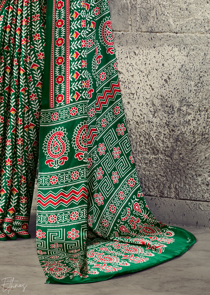 Emerald Green Ajrakh Printed Modal Satin Saree