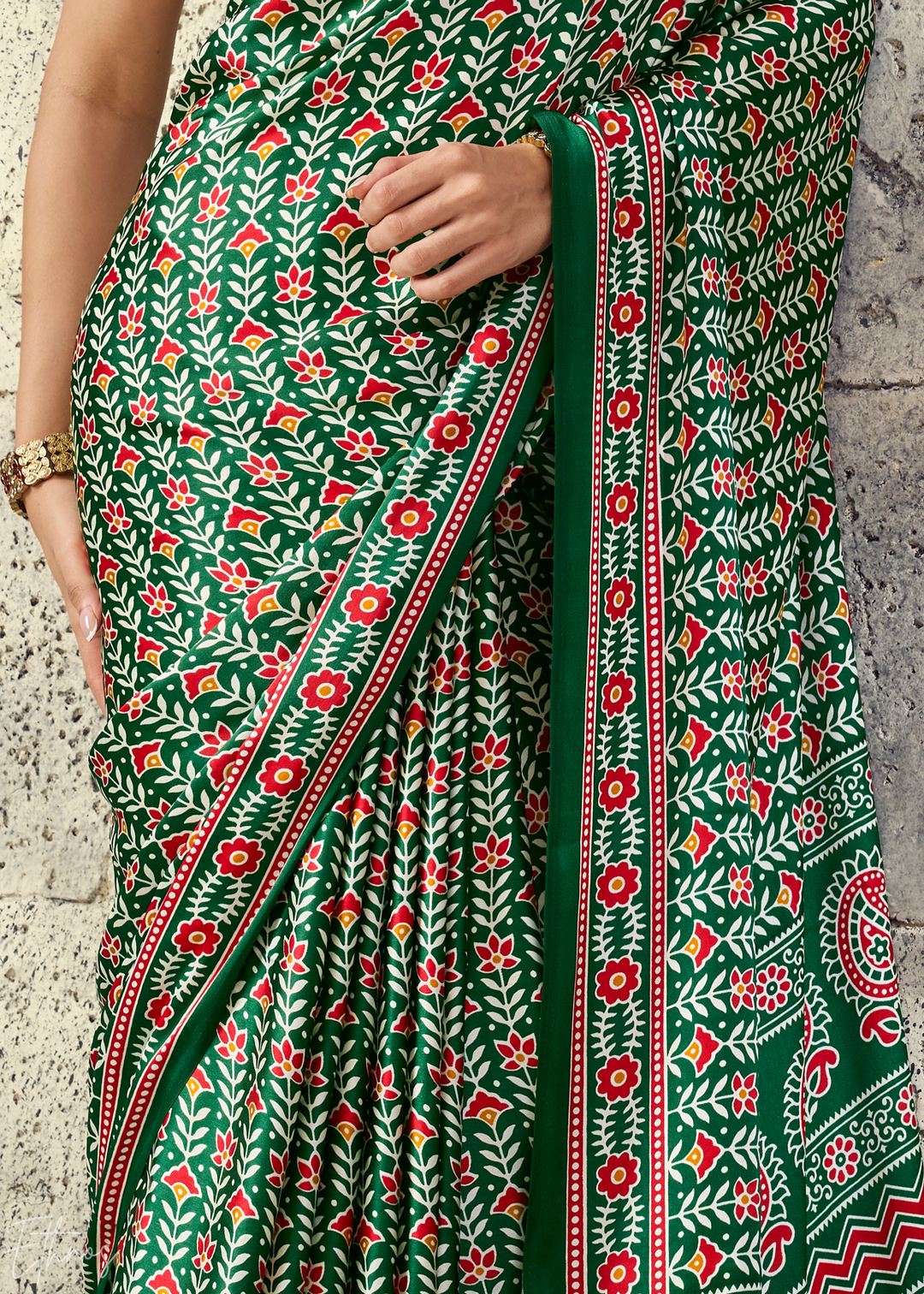 Emerald Green Ajrakh Printed Modal Satin Saree