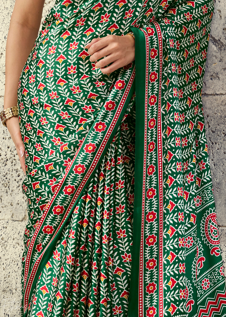 Emerald Green Ajrakh Printed Modal Satin Saree