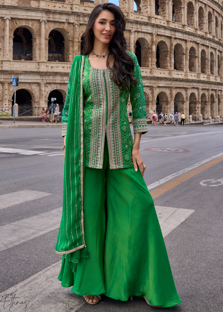 Emerald Green Bandhani Print Embroided Shimmer Silk Sharara Suit Set