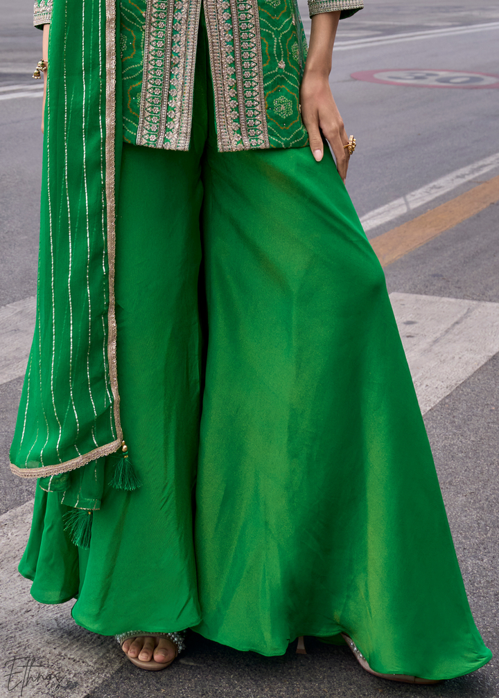 Emerald Green Bandhani Print Embroided Shimmer Silk Sharara Suit Set