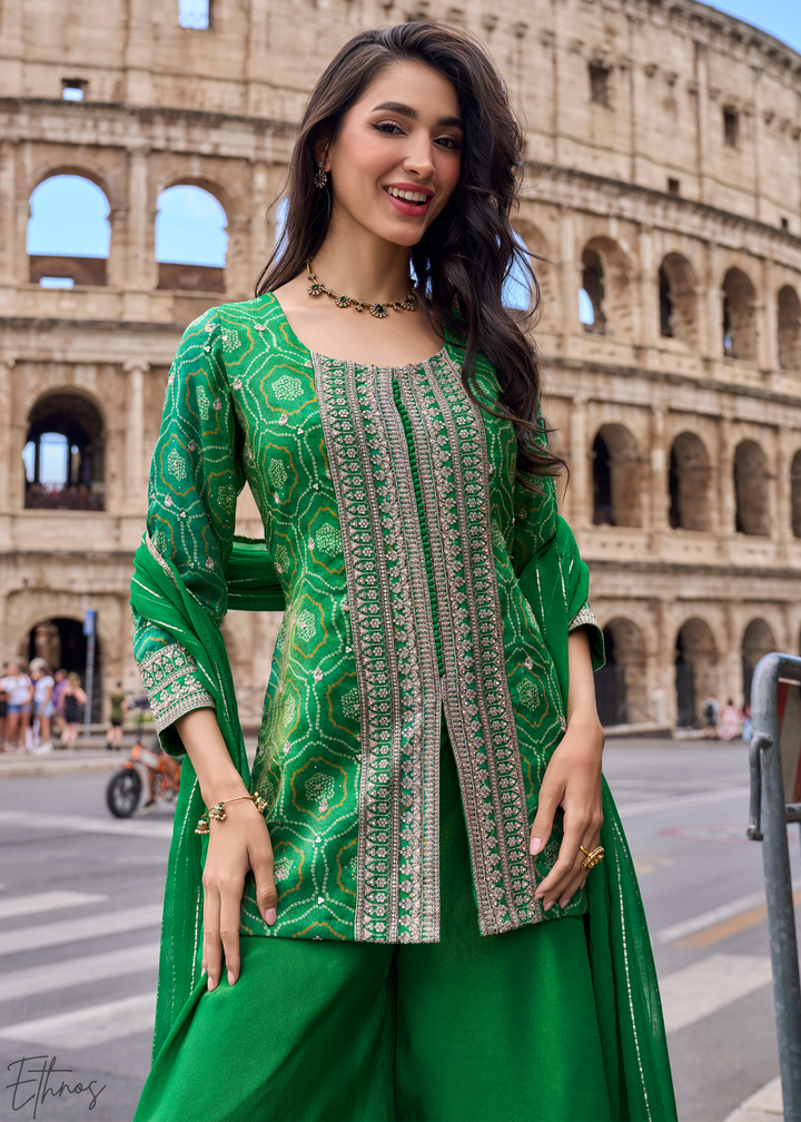 Emerald Green Bandhani Print Embroided Shimmer Silk Sharara Suit Set