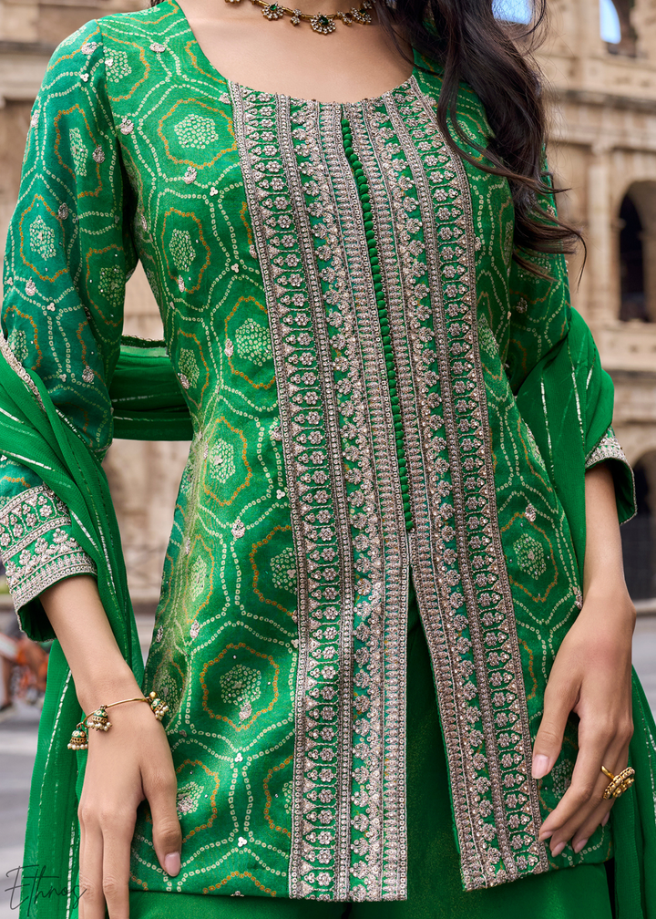 Emerald Green Bandhani Print Embroided Shimmer Silk Sharara Suit Set