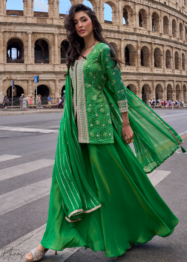 Emerald Green Bandhani Print Embroided Shimmer Silk Sharara Suit Set
