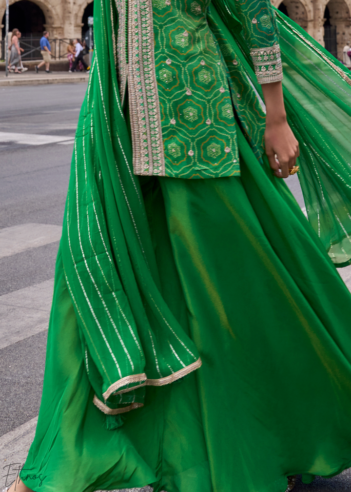 Emerald Green Bandhani Print Embroided Shimmer Silk Sharara Suit Set