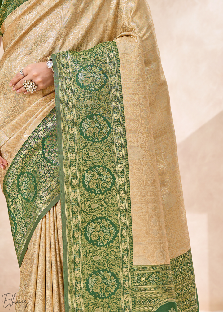 Emerald Green Botanical Panel Woven Silk Saree