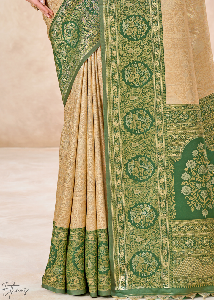 Emerald Green Botanical Panel Woven Silk Saree