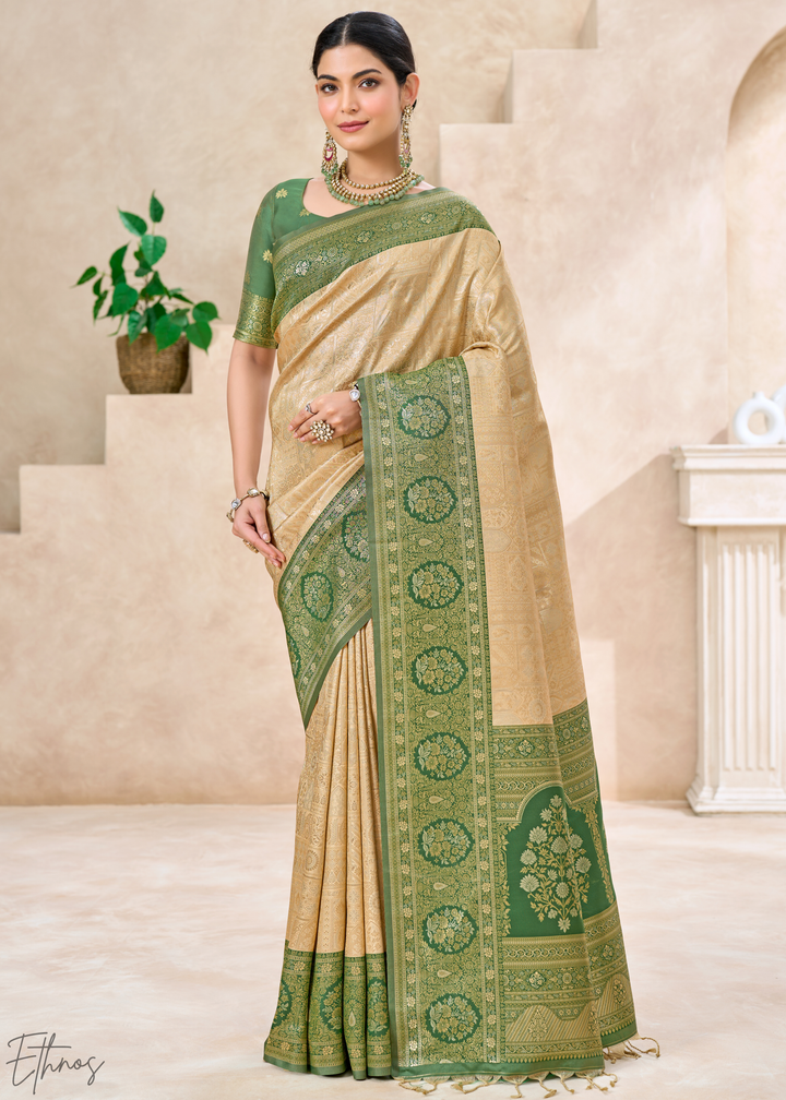Emerald Green Botanical Panel Woven Silk Saree